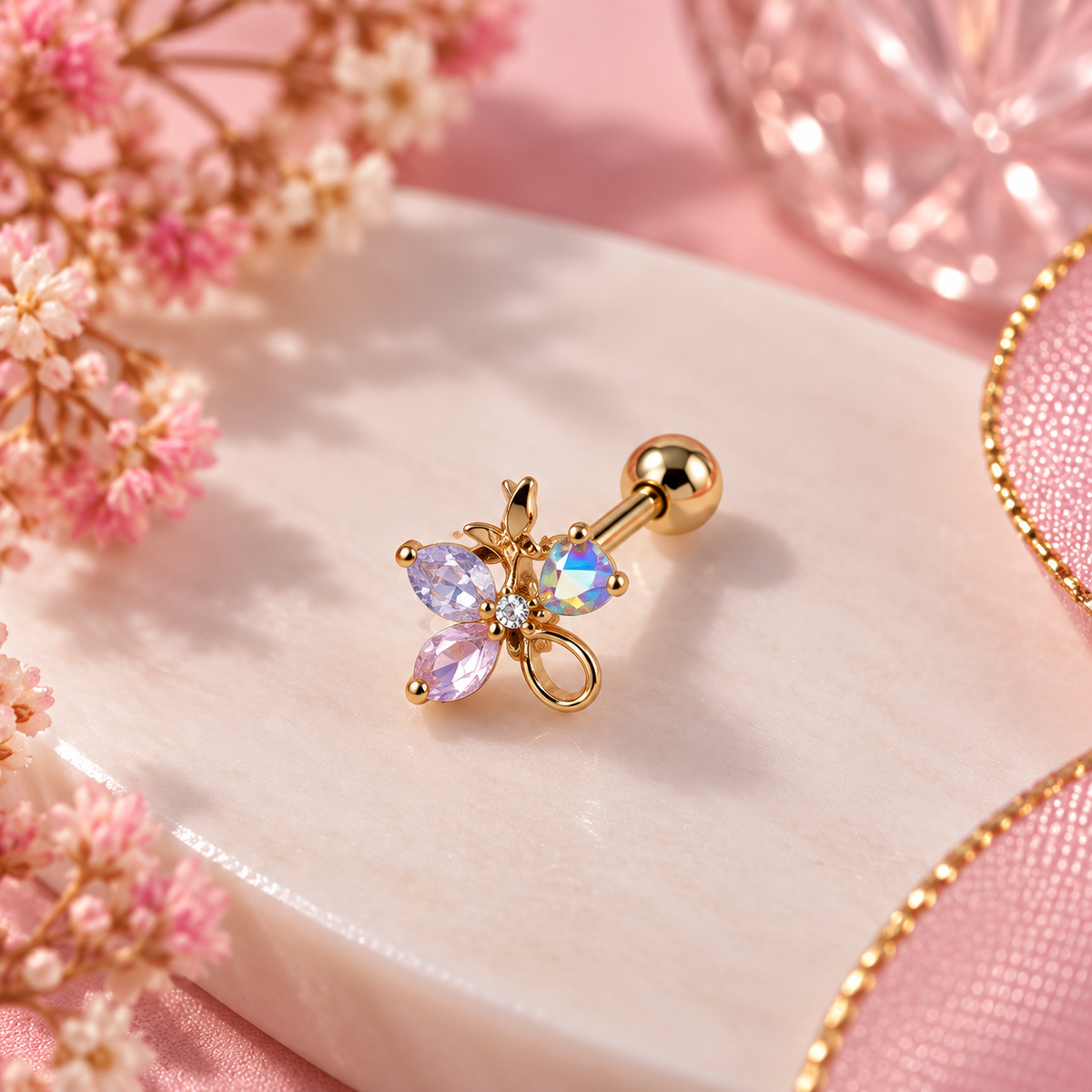 Rose Gold Floral Multi Shine Piercing Stud