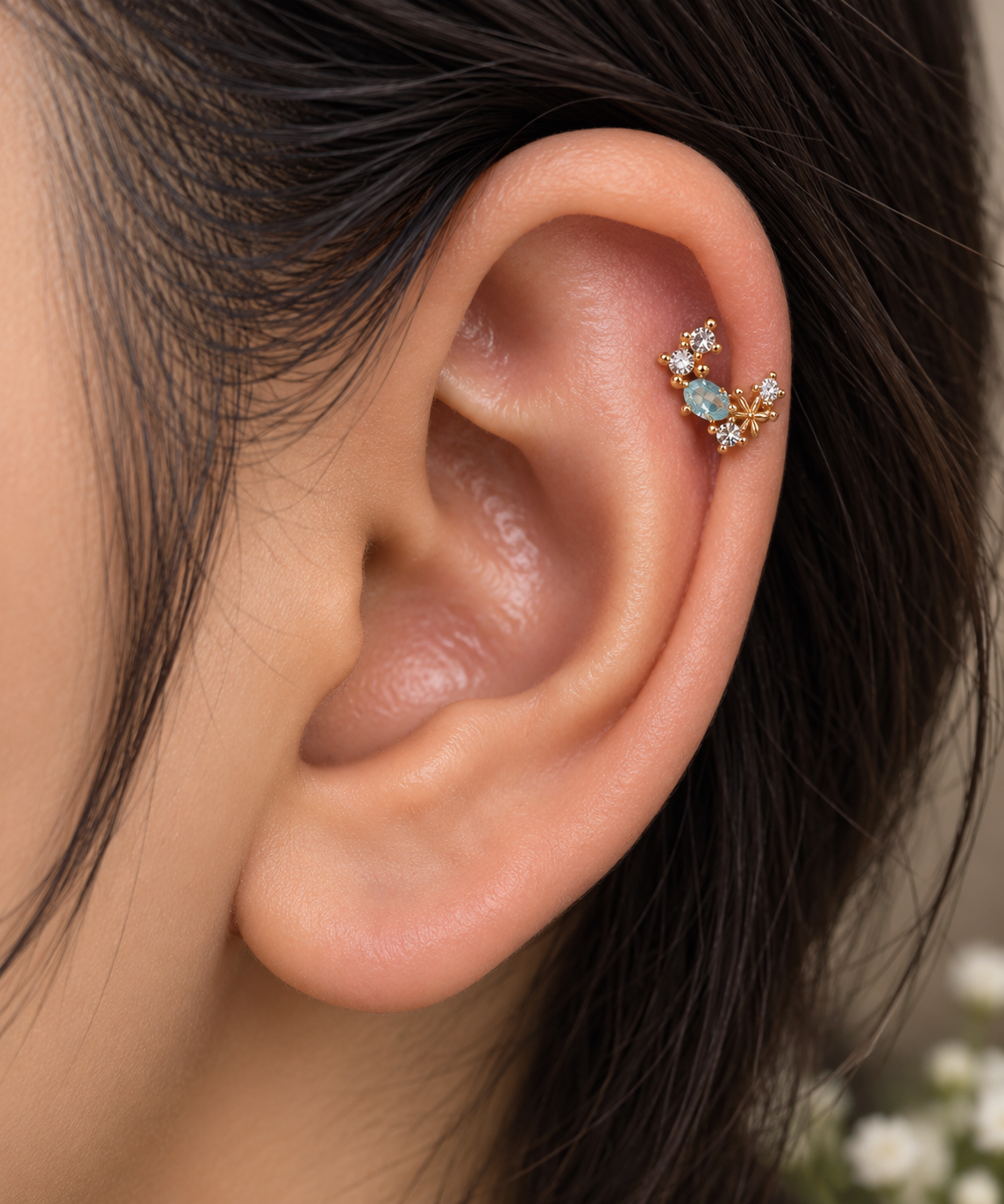 Rose Gold Floral Blue Stone Piercing Stud