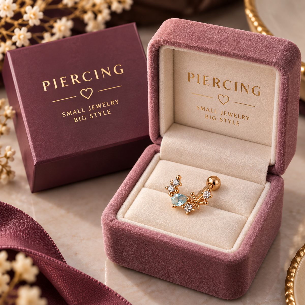 Rose Gold Floral Blue Stone Piercing Stud