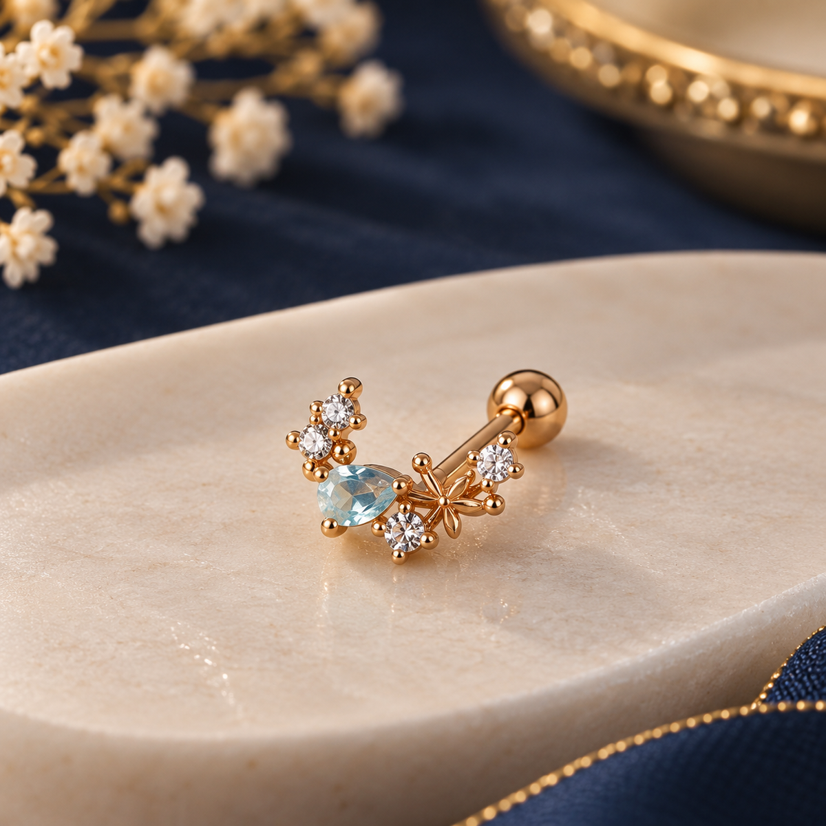 Rose Gold Floral Blue Stone Piercing Stud