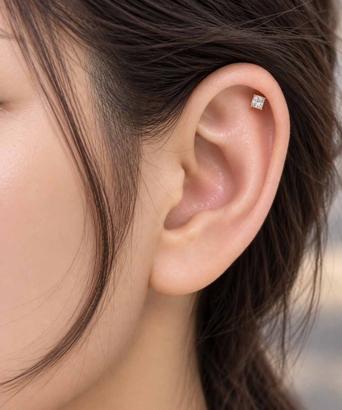 Gold Square Crystal Piercing Stud