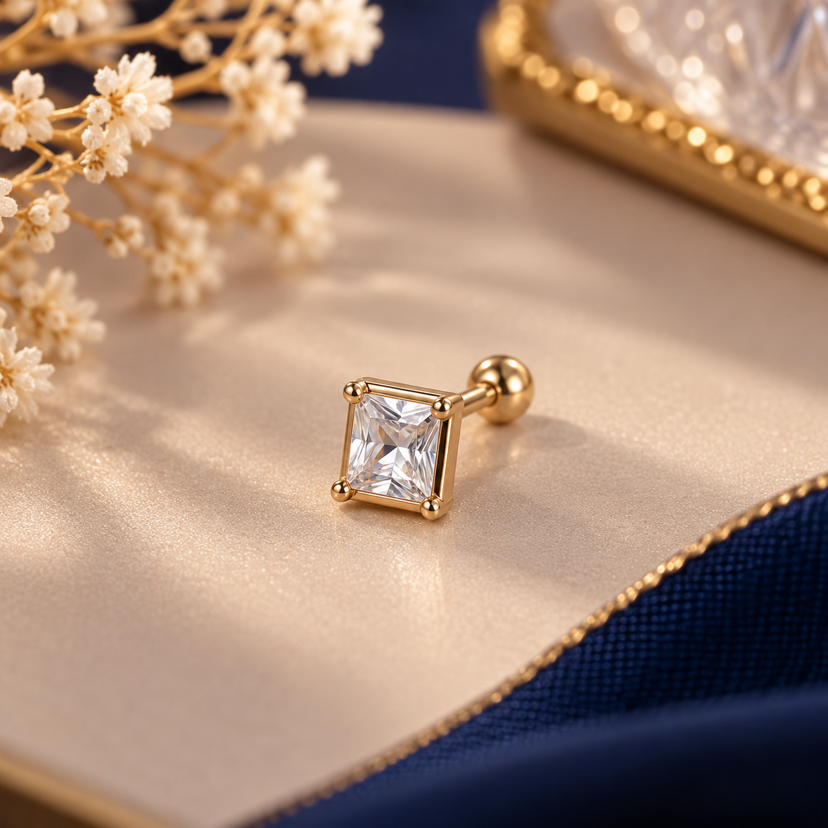 Gold Square Crystal Piercing Stud