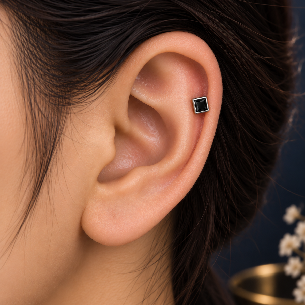Black Square Stone Piercing Stud