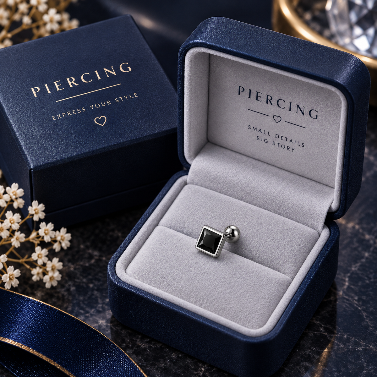 Black Square Stone Piercing Stud