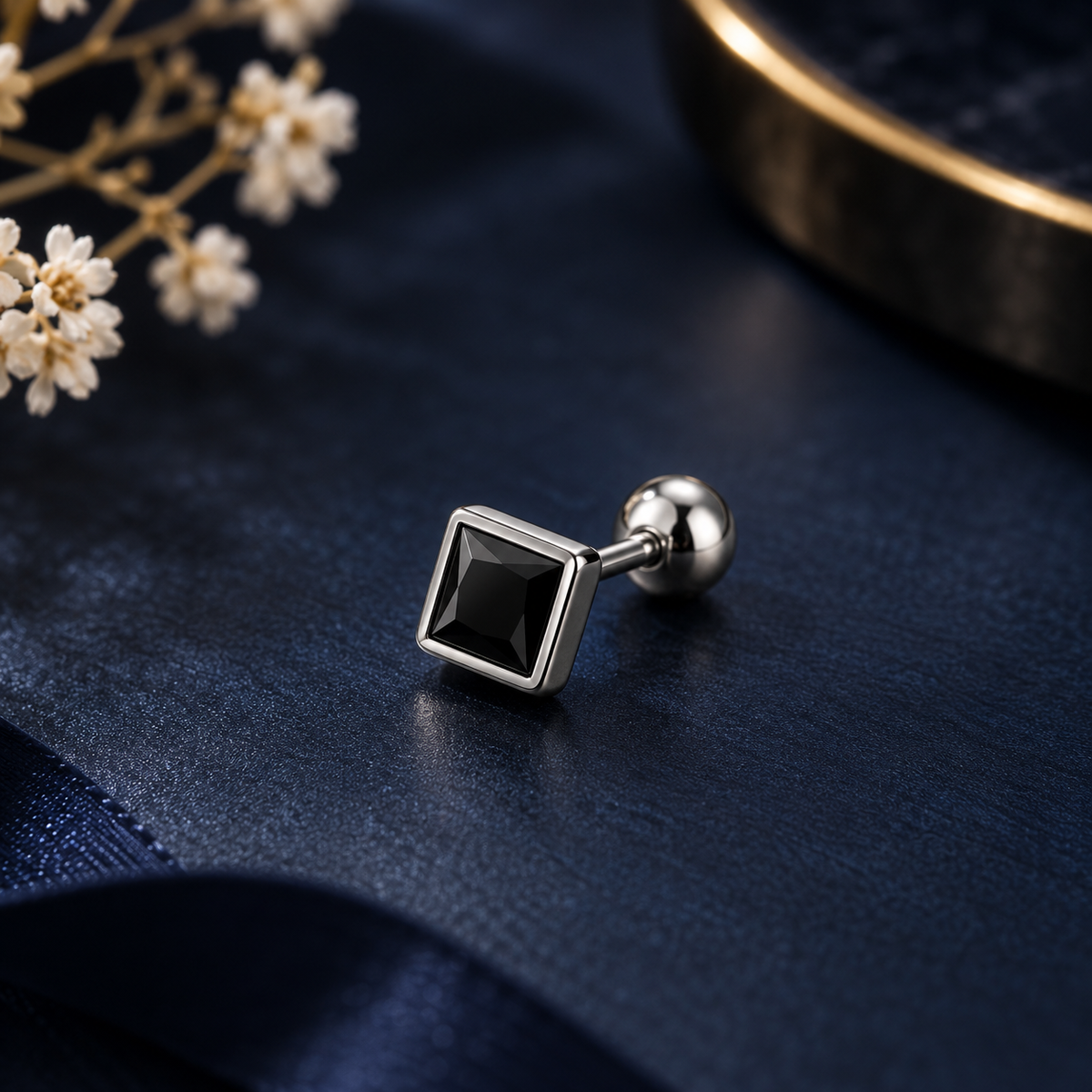 Black Square Stone Piercing Stud