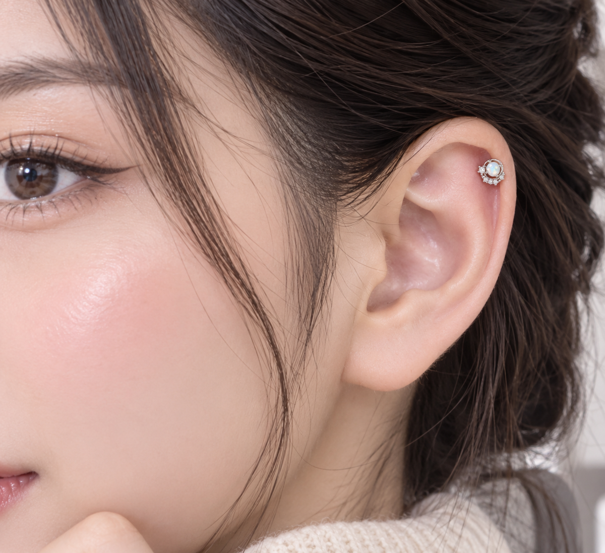 Silver Round Opal Stone Piercing Stud