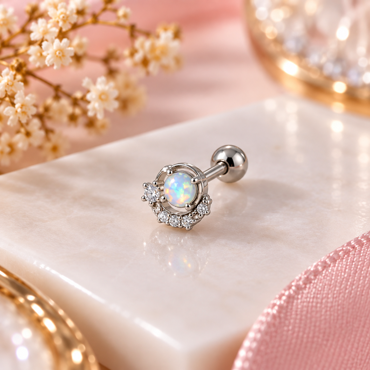 Silver Round Opal Stone Piercing Stud