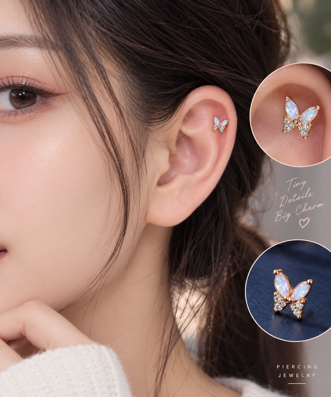 Rose Gold Butterfly Multi Shine Piercing Stud