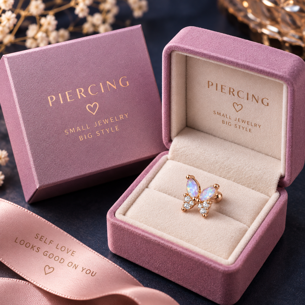 Rose Gold Butterfly Multi Shine Piercing Stud
