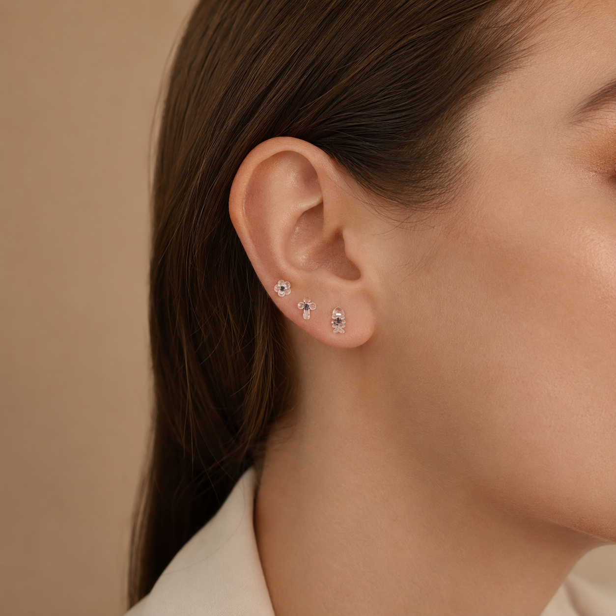 Transparent Floral Design Stud Earrings Set – 3 Pairs