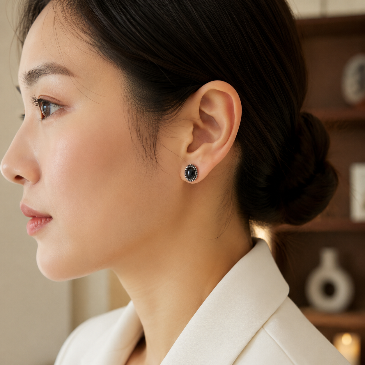 Silver-Tone Black Oval Stone Stud Earrings