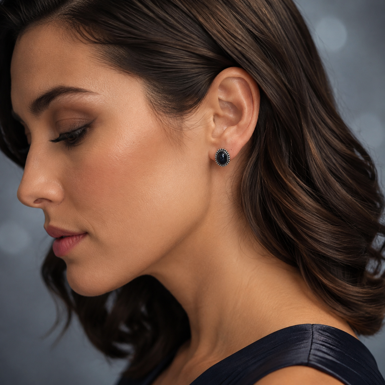 Silver-Tone Black Oval Stone Stud Earrings