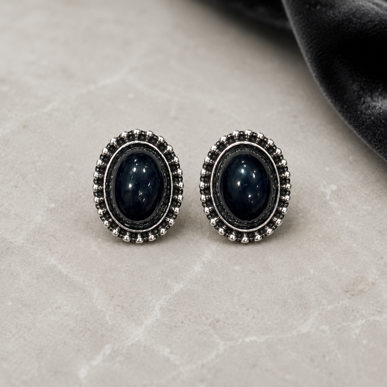 Silver-Tone Black Oval Stone Stud Earrings