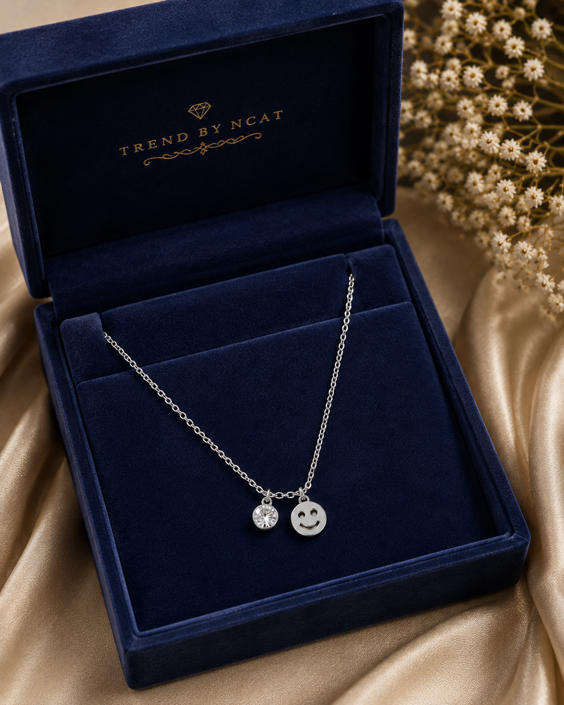 Silver-Tone Smiley & Crystal Charm Short Necklace