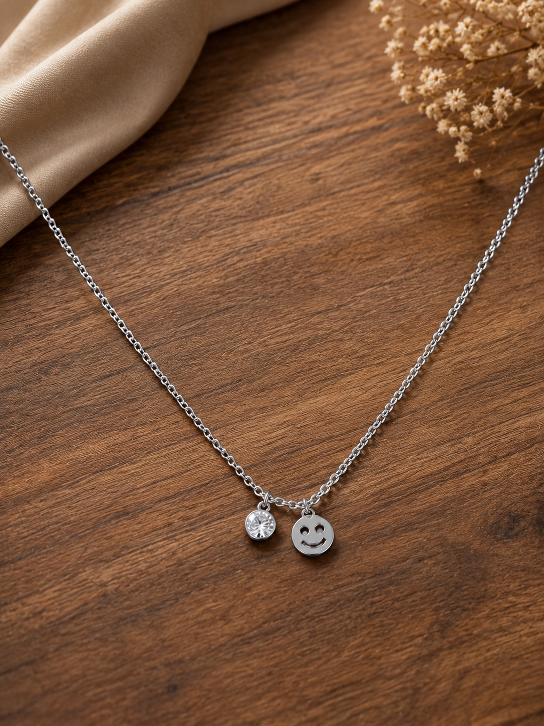 Silver-Tone Smiley & Crystal Charm Short Necklace