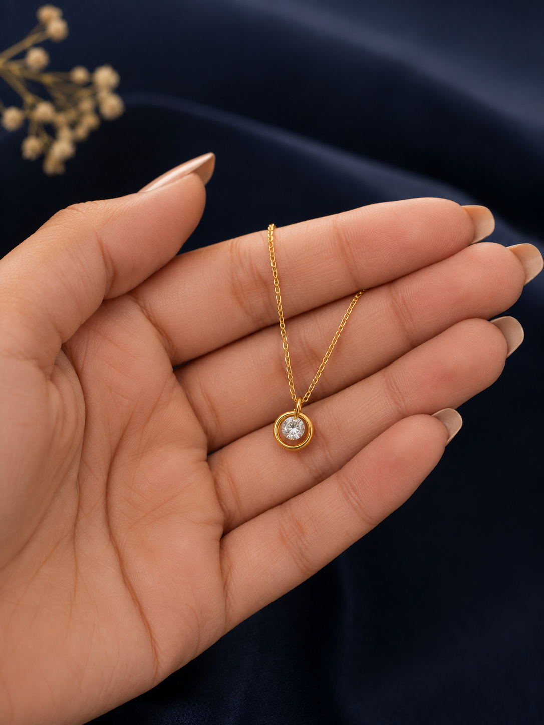 Gold-Tone Round Crystal Pendant Short Necklace