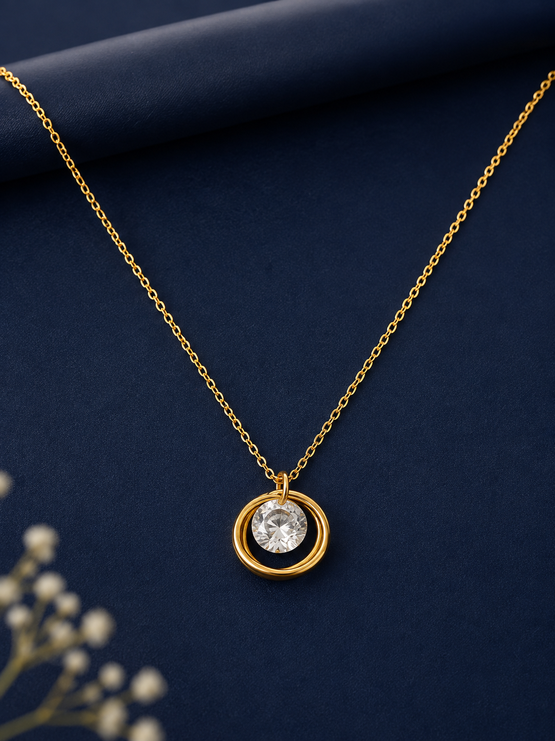 Gold-Tone Round Crystal Pendant Short Necklace