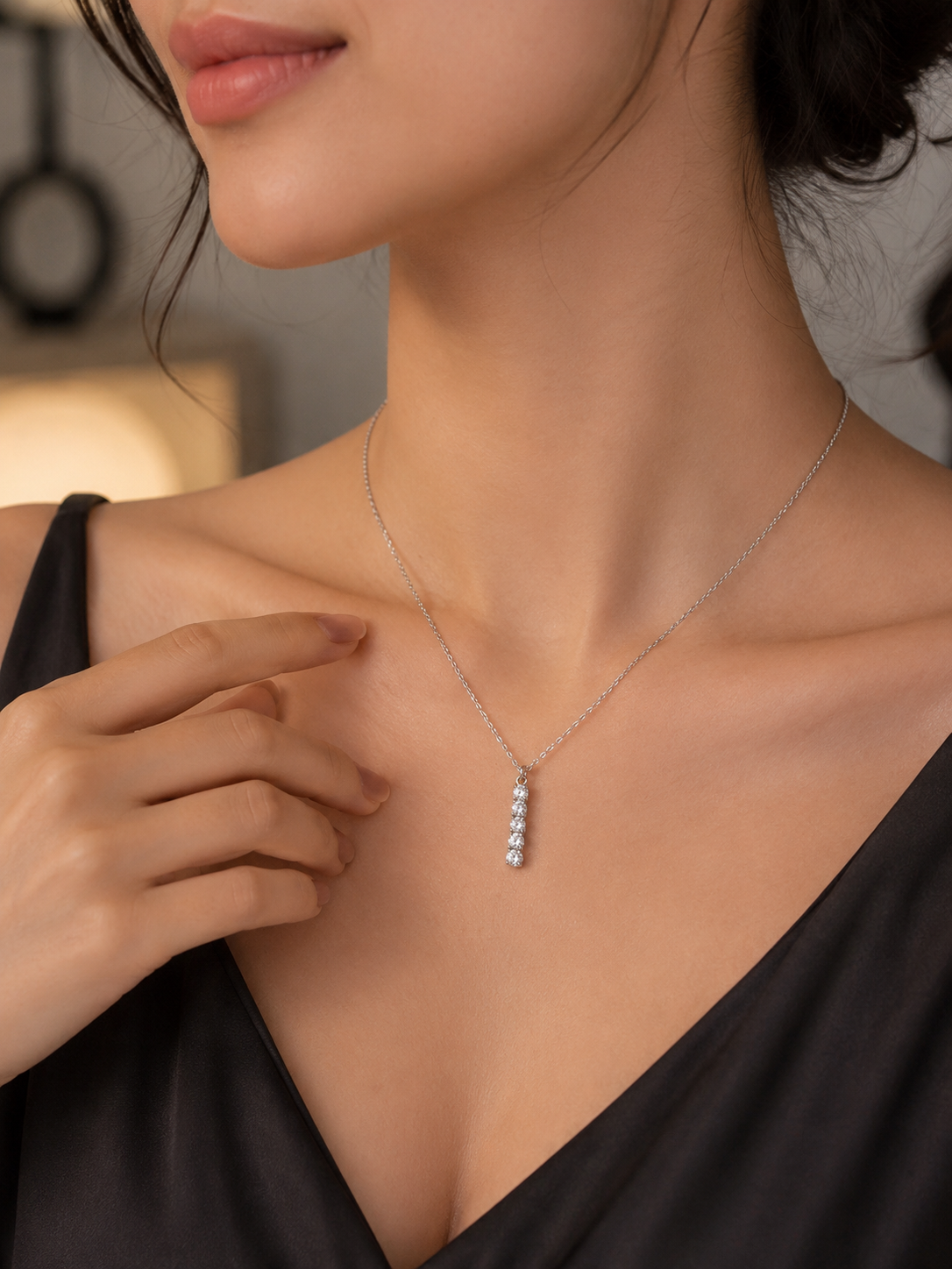 Silver-Tone Crystal Bar Pendant Short Necklace