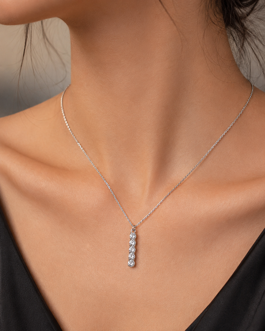 Silver-Tone Crystal Bar Pendant Short Necklace