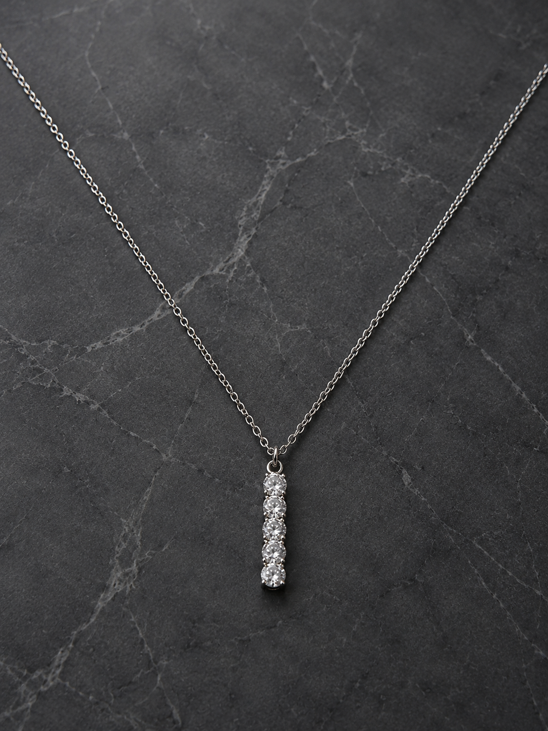 Silver-Tone Crystal Bar Pendant Short Necklace