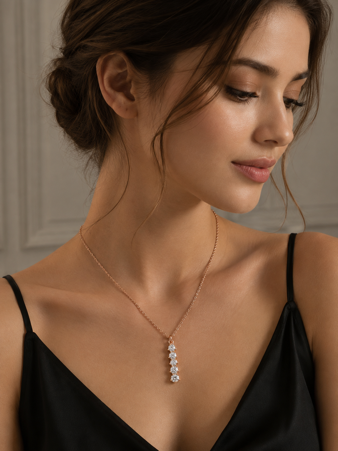 Rose Gold Crystal Drop Pendant Short Necklace