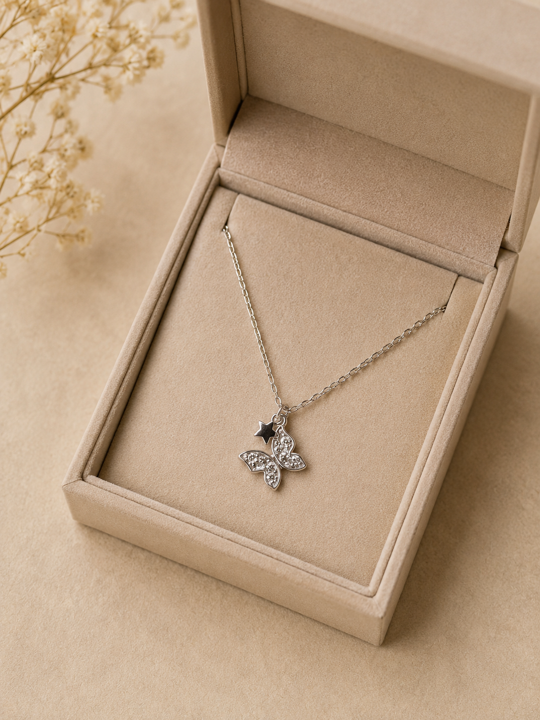 Silver-Tone Butterfly Crystal Pendant Short Necklace