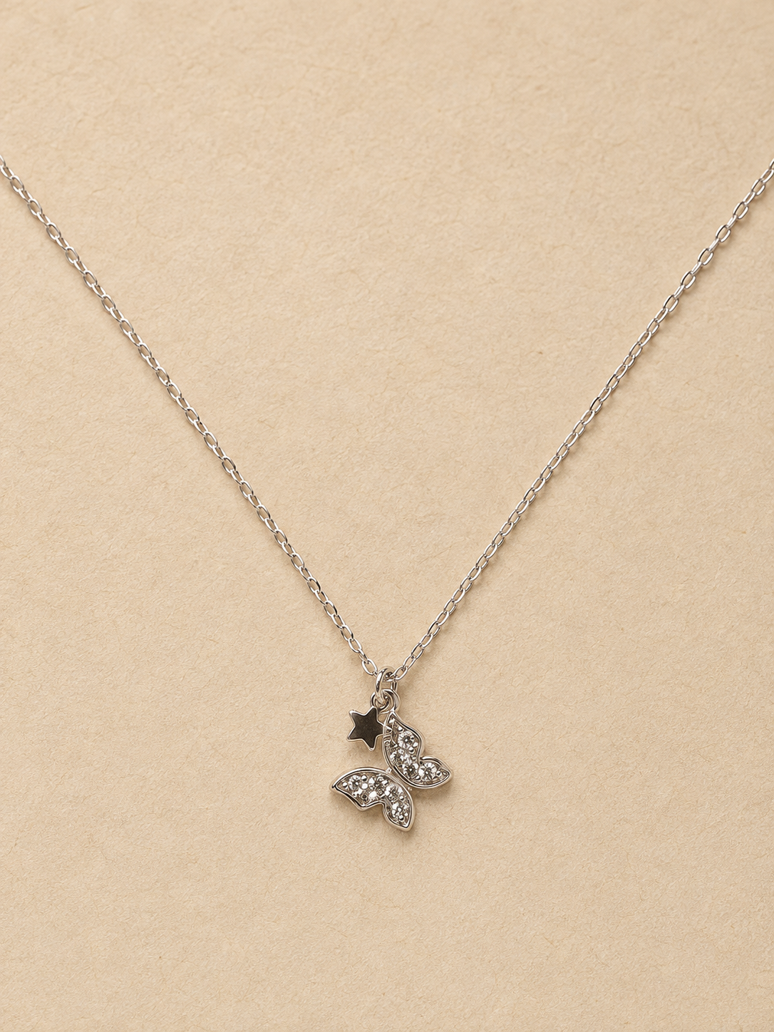 Silver-Tone Butterfly Crystal Pendant Short Necklace