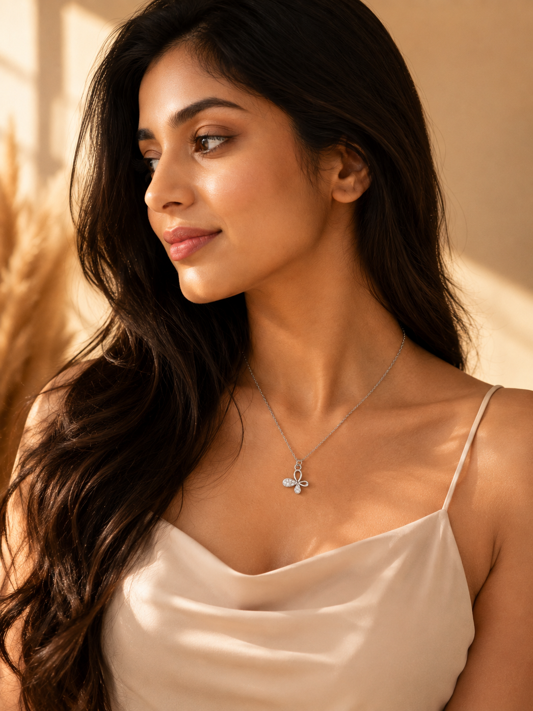 Silver-Tone Butterfly Crystal Pendant Short Necklace