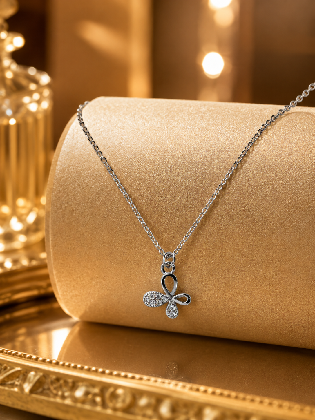 Silver-Tone Butterfly Crystal Pendant Short Necklace