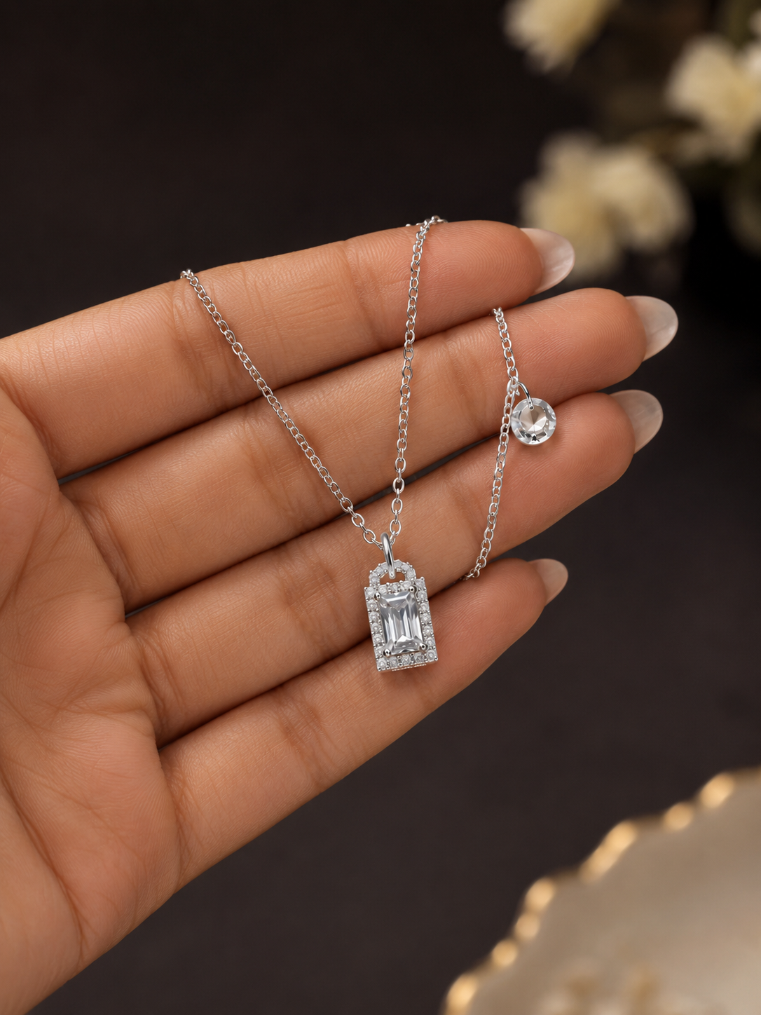Silver-Tone Rectangular Crystal Pendant Short Necklace