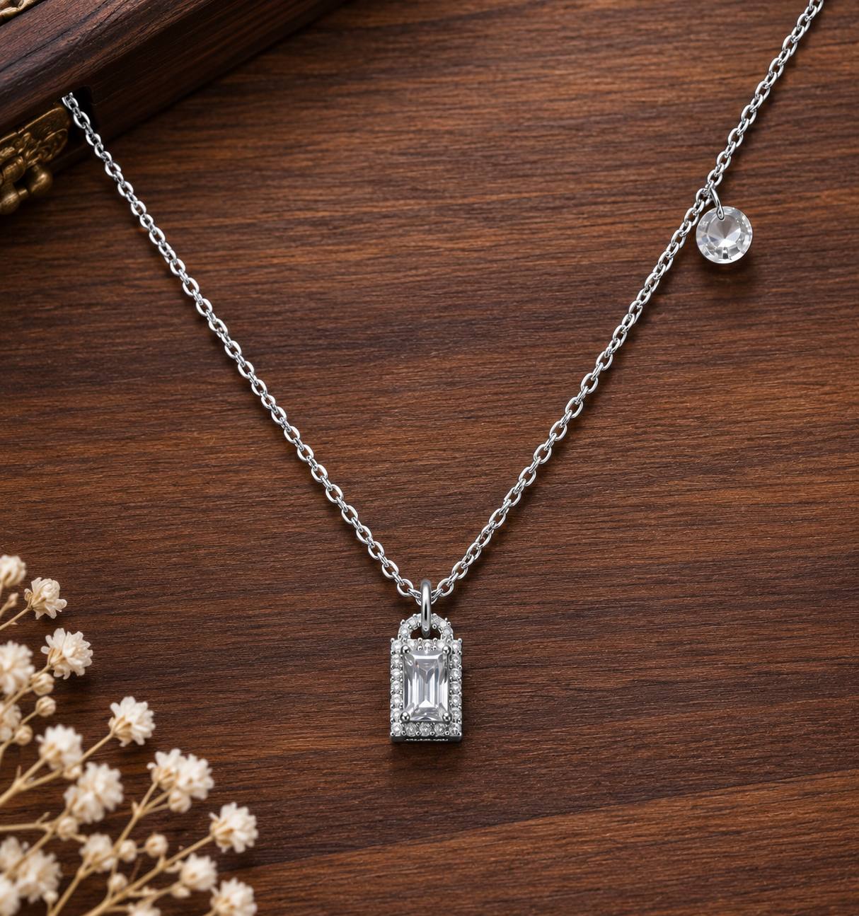 Silver-Tone Rectangular Crystal Pendant Short Necklace