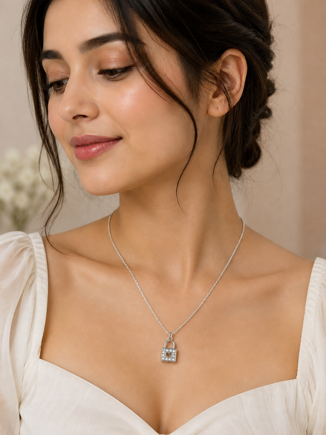 Silver-Tone Heart Lock Pendant Short Necklace