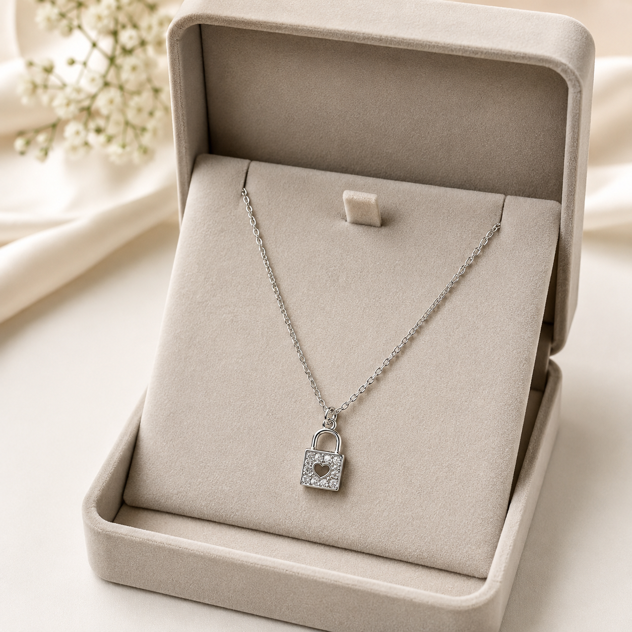 Silver-Tone Heart Lock Pendant Short Necklace