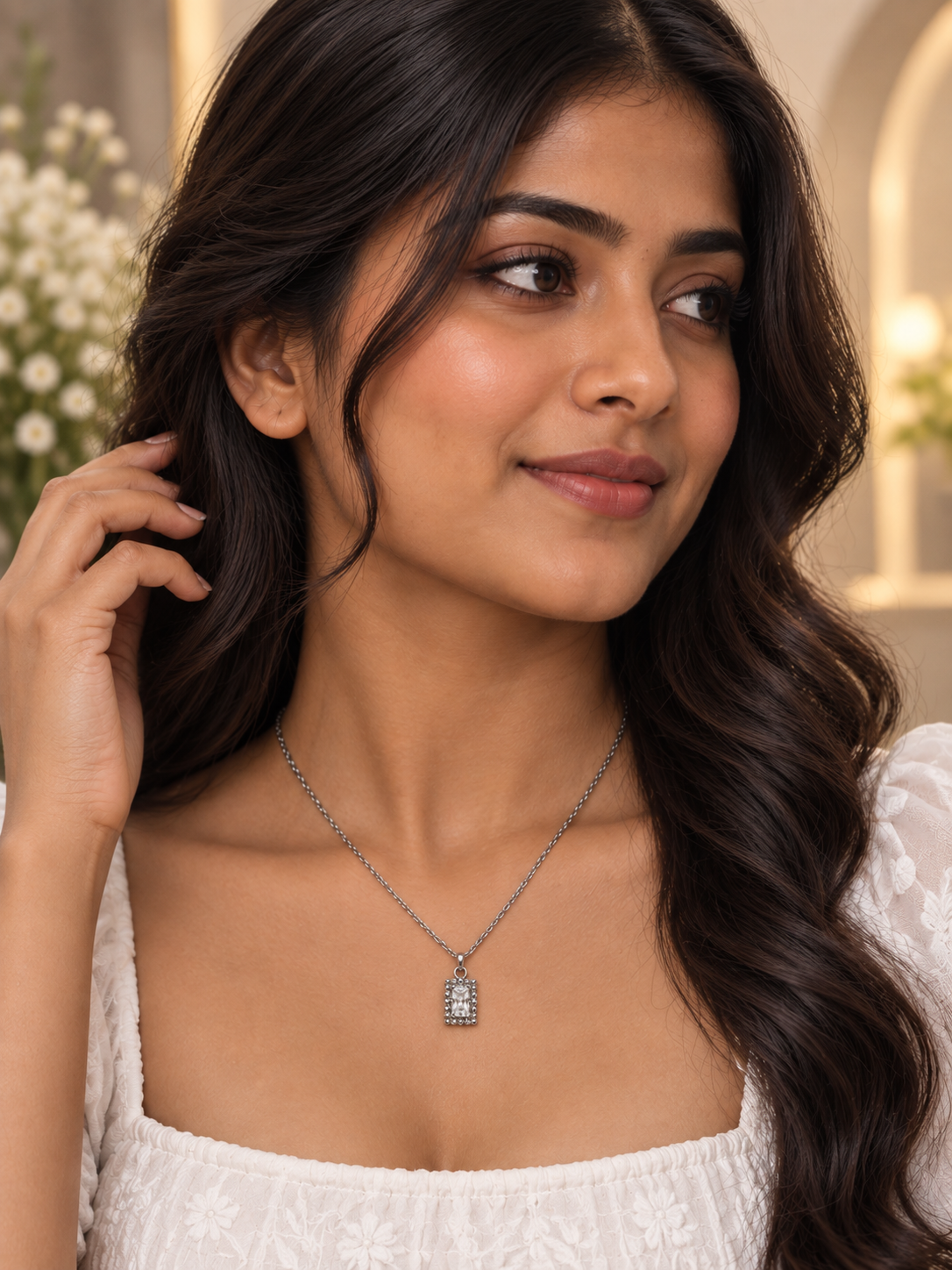 Silver-Tone Rectangular Crystal Pendant Short Necklace