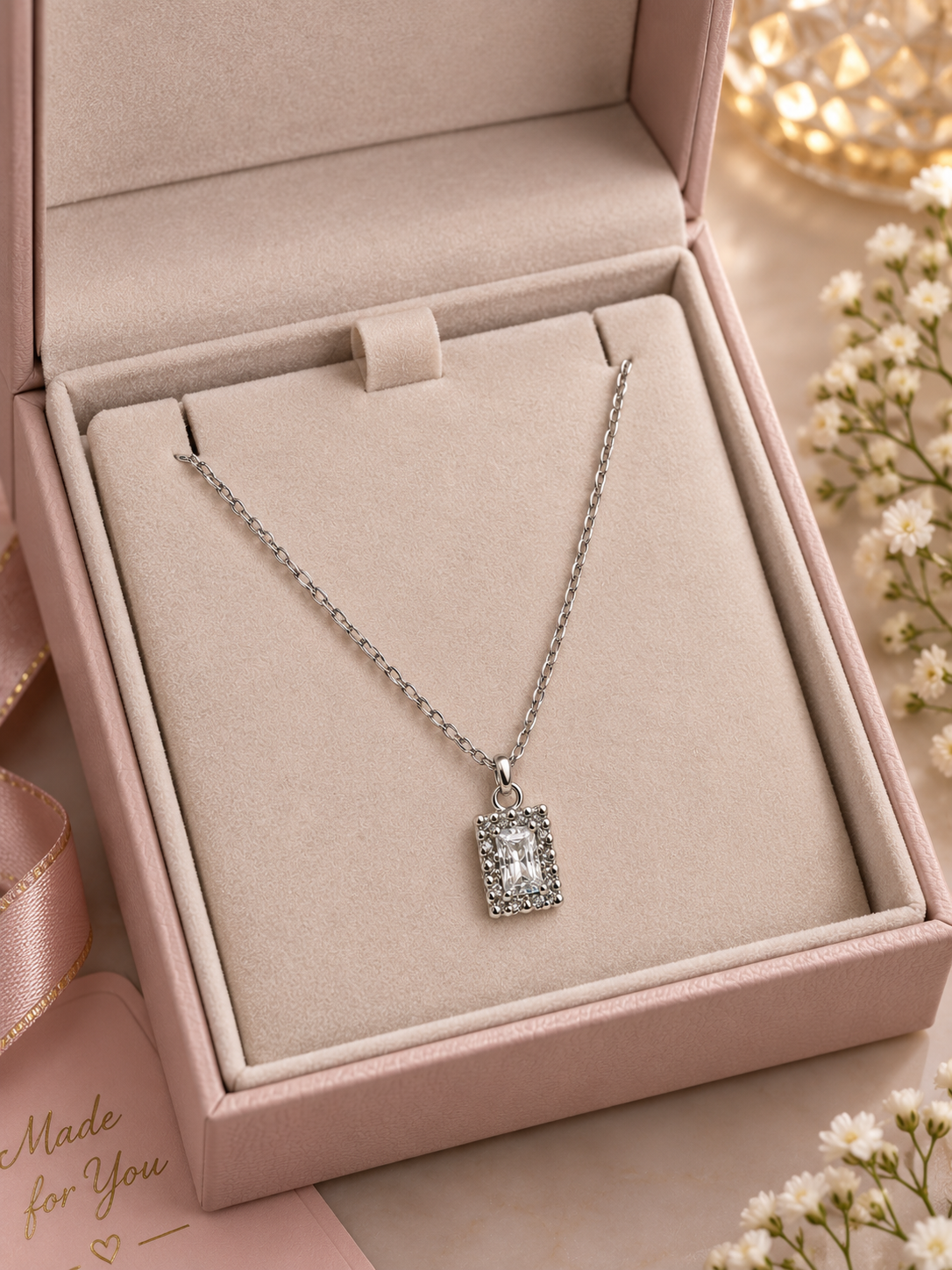 Silver-Tone Rectangular Crystal Pendant Short Necklace