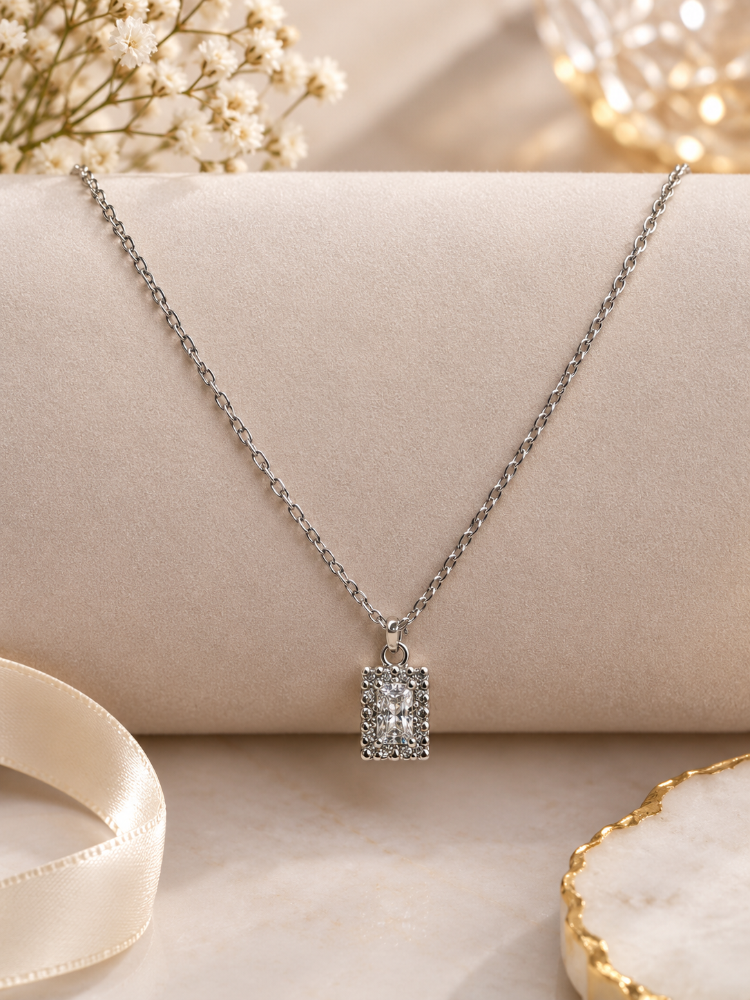 Silver-Tone Rectangular Crystal Pendant Short Necklace