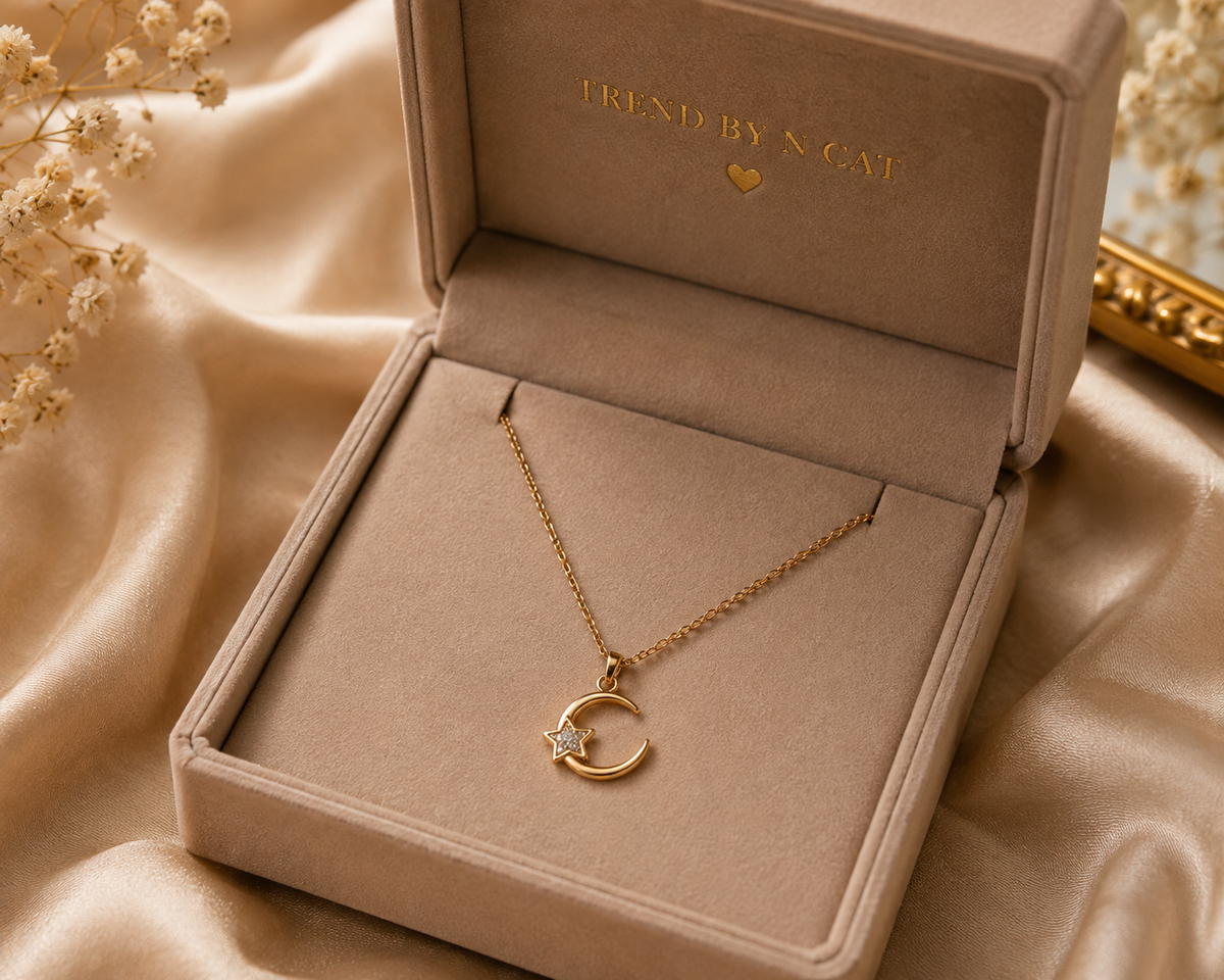 Gold-Tone Crescent Moon & Star Pendant Short Necklace