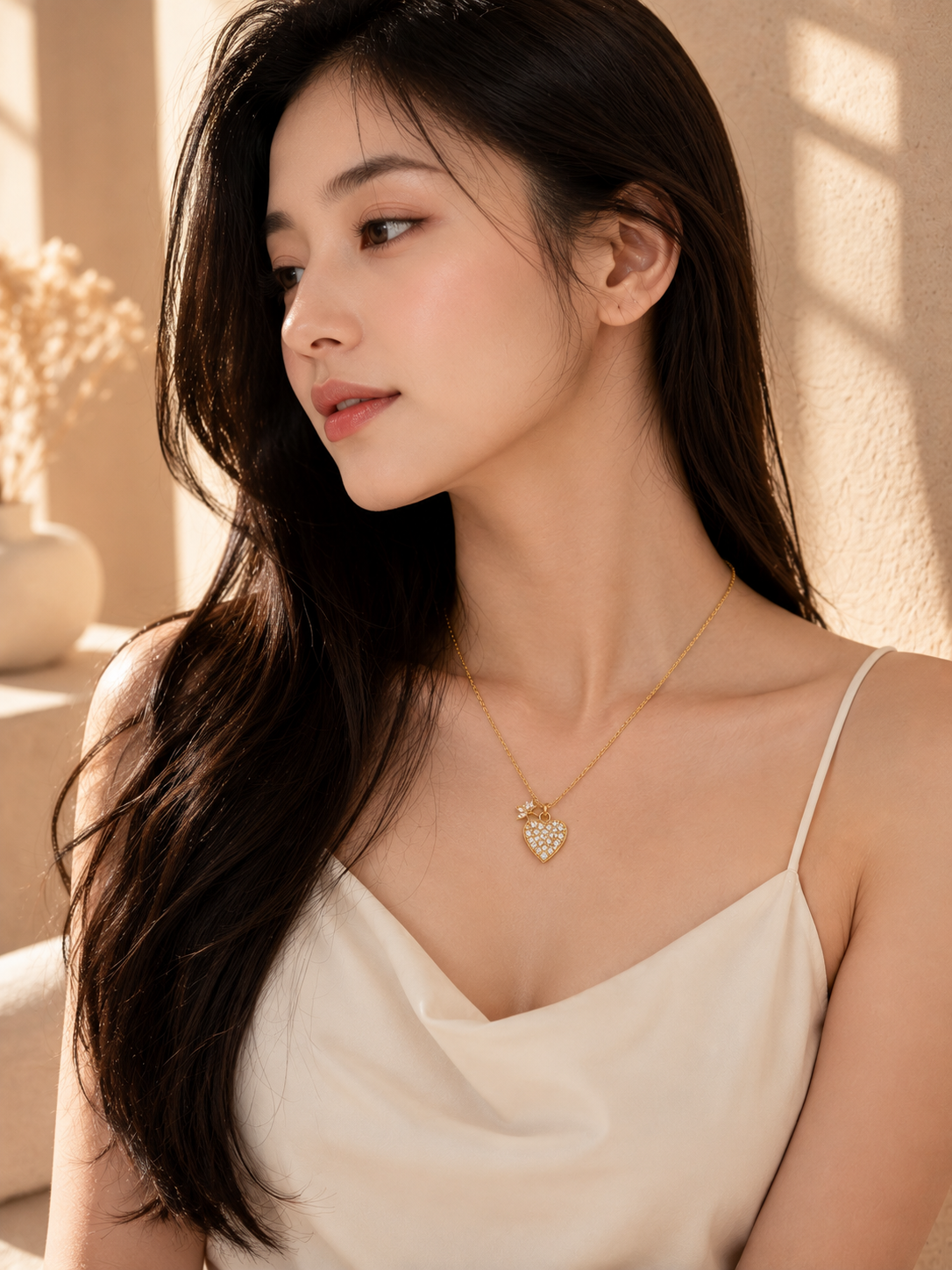 Gold-Tone Sparkling Heart Pendant Short Necklace
