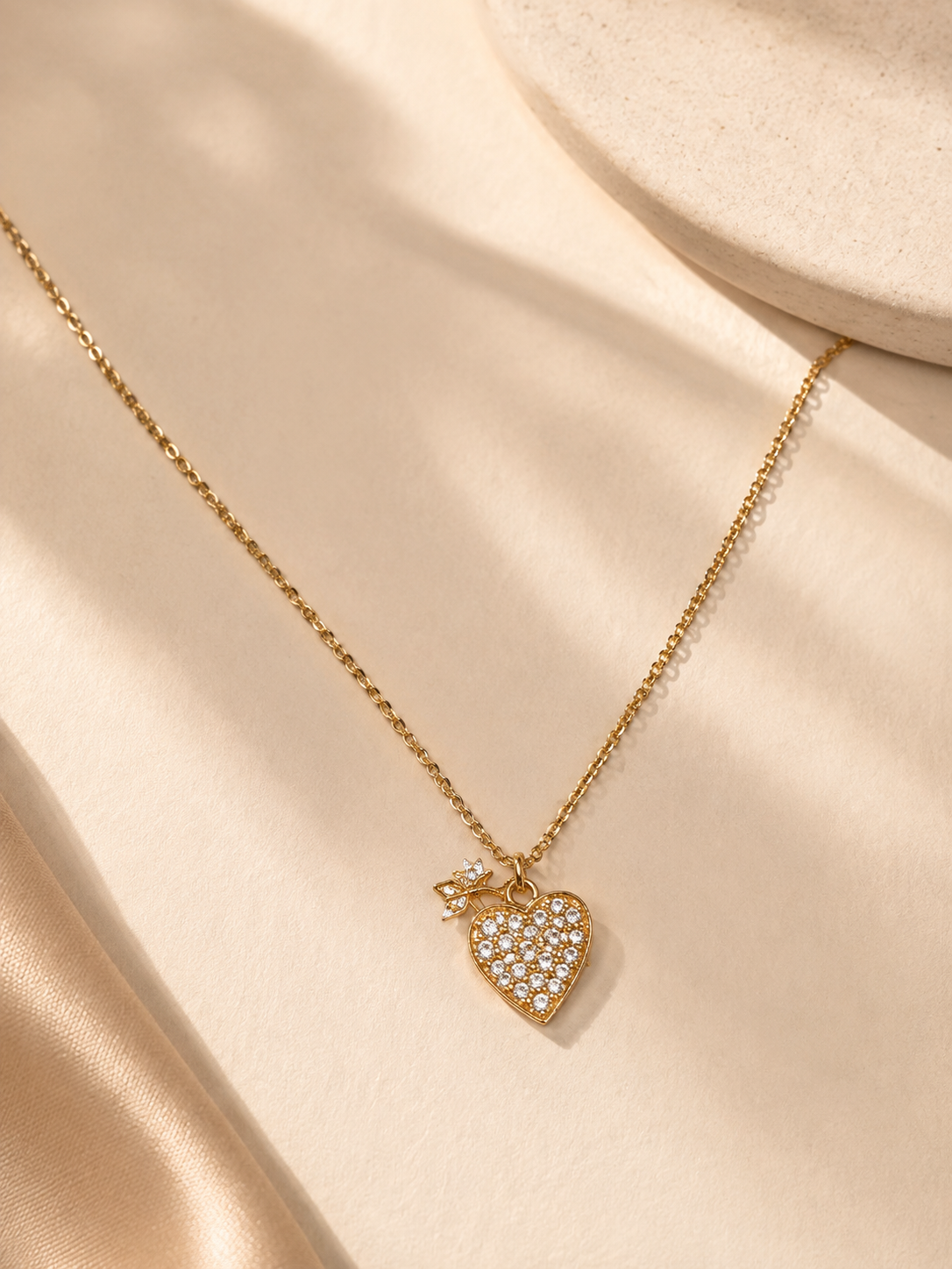 Gold-Tone Sparkling Heart Pendant Short Necklace