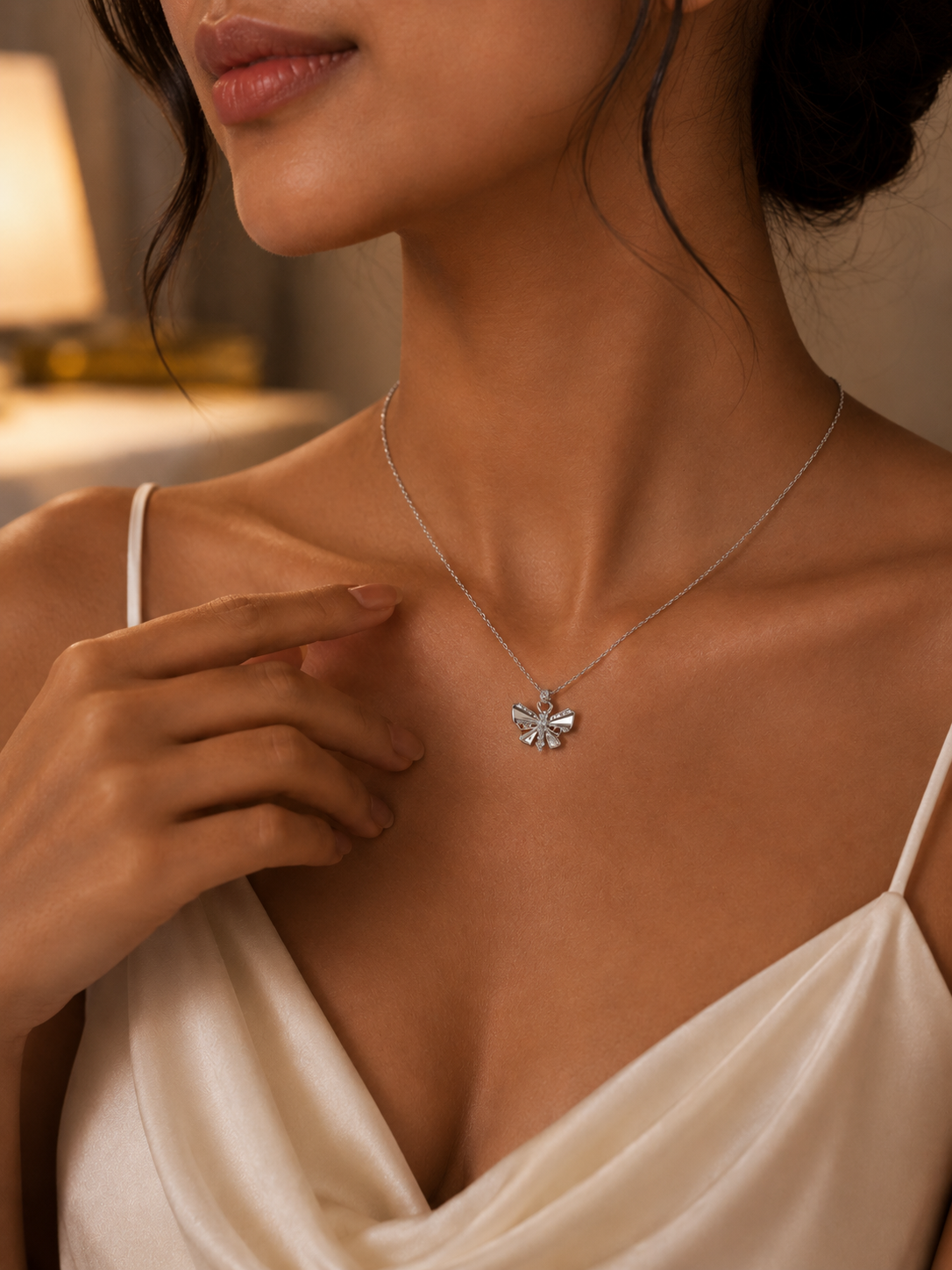 Silver-Tone Crystal Bow Pendant Short Necklace