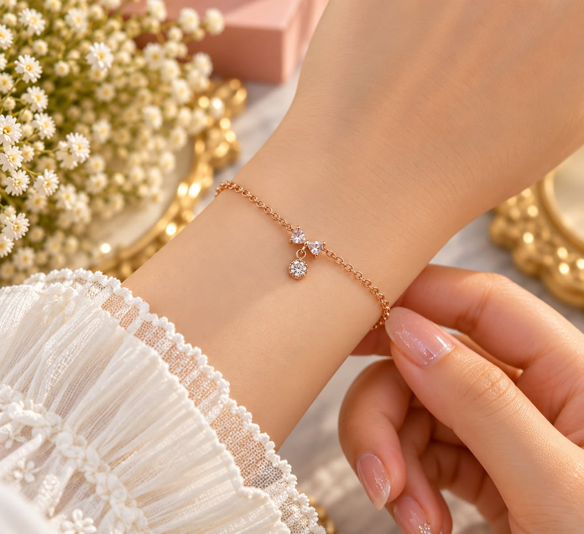 Rose Gold Crystal Bow Charm Bracelet