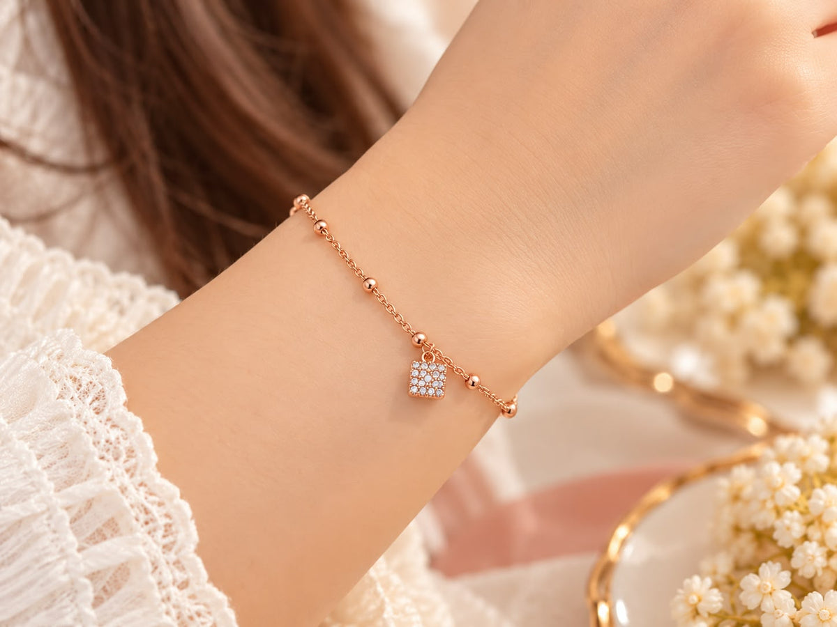 Rose Gold Crystal Square Charm Bracelet