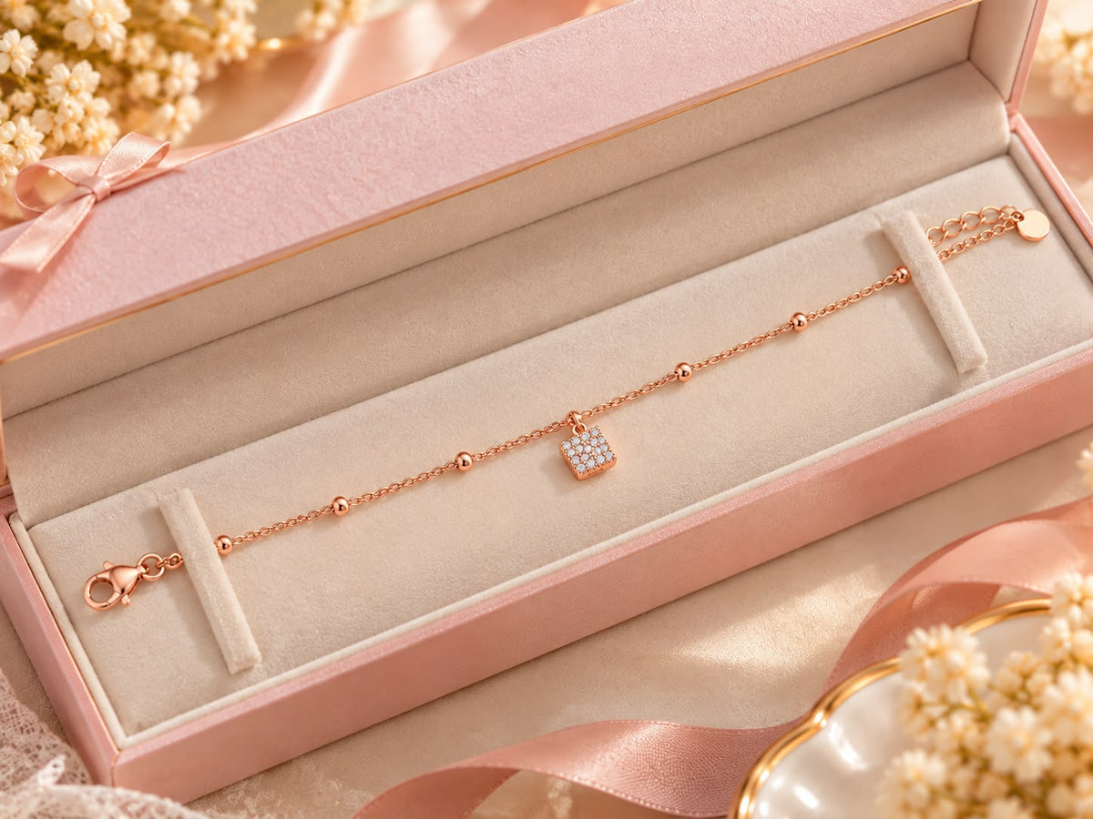 Rose Gold Crystal Square Charm Bracelet