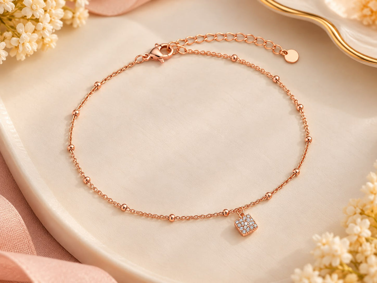 Rose Gold Crystal Square Charm Bracelet