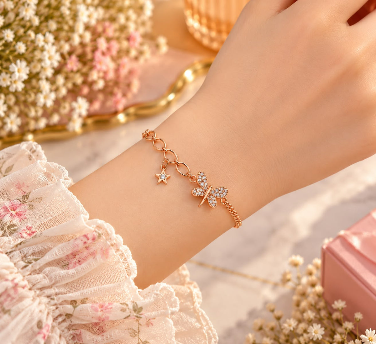 Rose Gold Butterfly Star Charm Bracelet