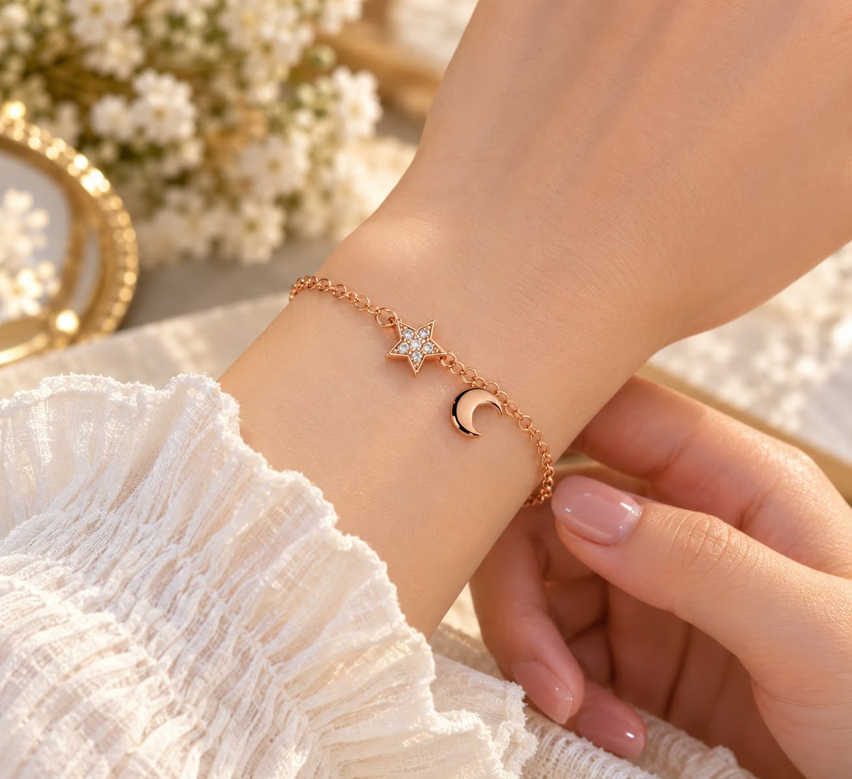 Rose Gold Star Moon Charm Bracelet