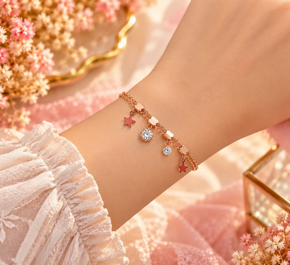 Rose Gold Star Crystal Charm Bracelet
