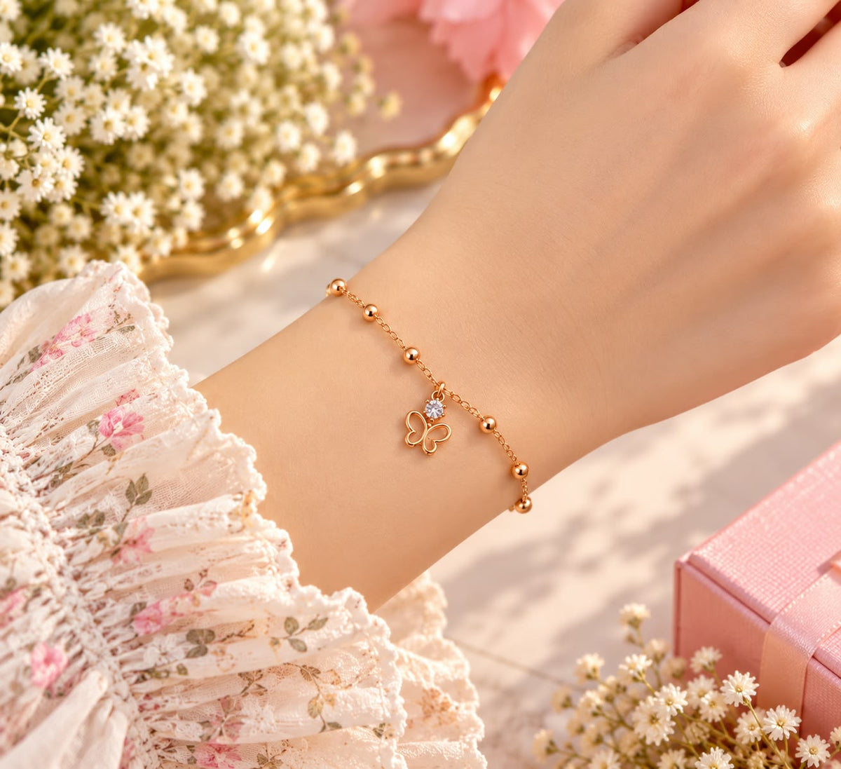 Rose Gold Butterfly Charm Bracelet