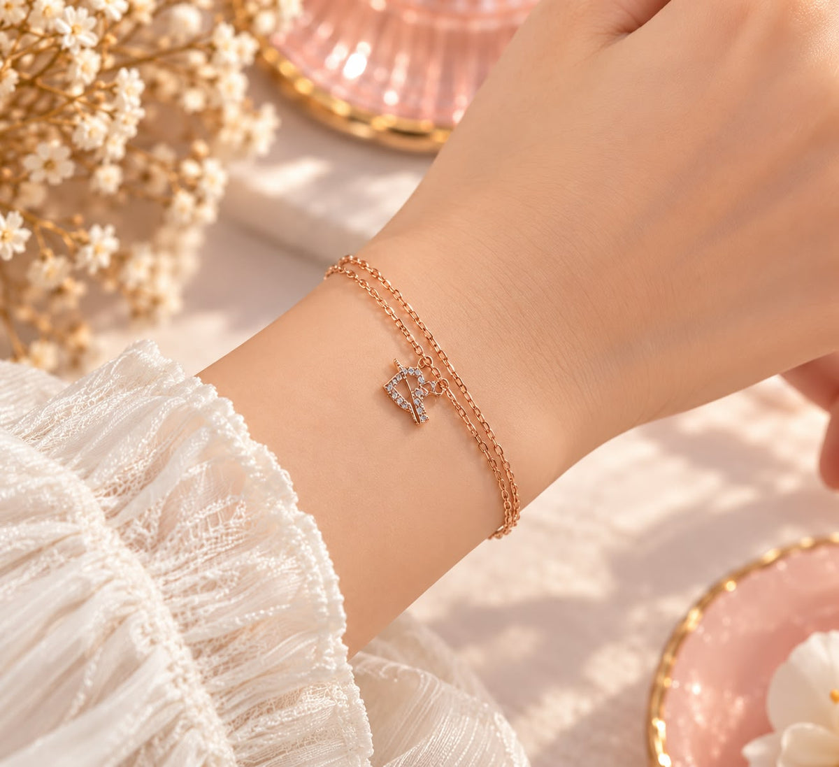 Rose Gold Crystal Bow Double Bracelet