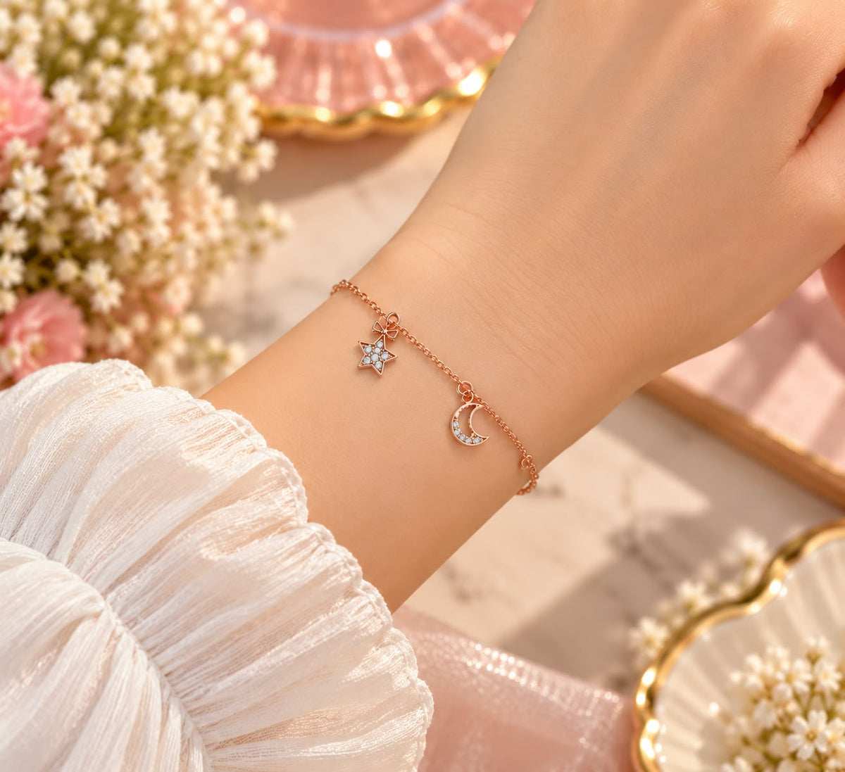Rose Gold Star & Moon Charm Bracelet